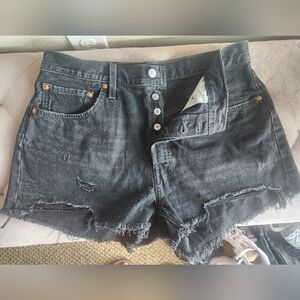 LEVI'S Black Distressed Denim Shorts